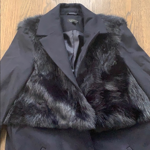 TopShop Longline Pea Coat Faux Fur Vest Navy Small - Picture 5 of 15